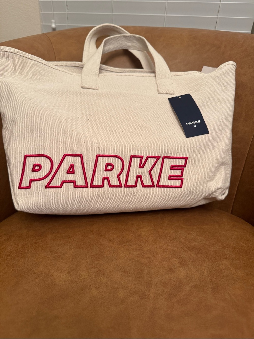 PARKE Cream Canvas Tote with Red Logo